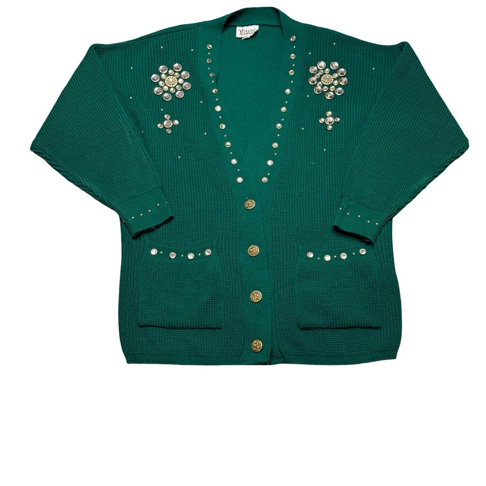 โจ Young Design USA Green Embellished Cardiganโ Sweater Vintage โจ